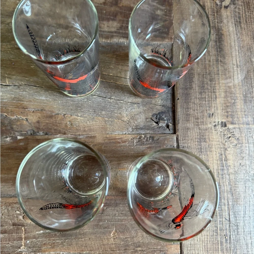 MCM Vintage Pheasant Glass Tumbler set 4 - Red Flying Bird Design
